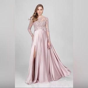 Terani Couture Beaded Long Sleeve Gown in Blush w/slit - Mother of the Bride
